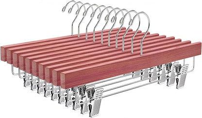 Amber Home 12 Pack American Red Cedar Wood Pants Hangers, Natural Cedar Wooden Slacks Skirts Hangers with 2-Adjustable Clips, Bottom Hangers for Trousers, Jeans, Shorts (12 Pack)