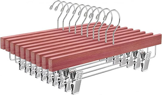 Amber Home 12 Pack American Red Cedar Wood Pants Hangers, Natural Cedar Wooden Slacks Skirts Hangers with 2-Adjustable Clips, Bottom Hangers for Trousers, Jeans, Shorts (12 Pack)