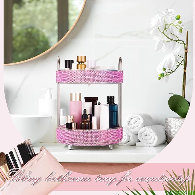 Honeydak 360 Rotating Perfume Organizer for Mother Day Nurse Day Rhinestone Bathroom Counter Organizer Makeup Holder Skincare and Perfume Storage for Cosmetic Countertop(2 Tiers,Pearl,Pink)