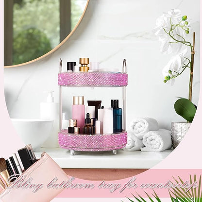 Honeydak 360 Rotating Perfume Organizer for Mother Day Nurse Day Rhinestone Bathroom Counter Organizer Makeup Holder Skincare and Perfume Storage for Cosmetic Countertop(2 Tiers,Pearl,Pink)