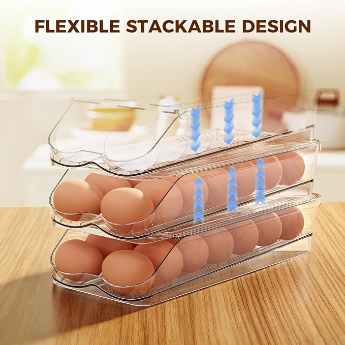Egg Holder for Fridge,Automatic Rolling Egg Container for Refrigerator,Clear Stackable Egg Organizer with Removable Lid for Fridge Organizers and Storage,3 pack
