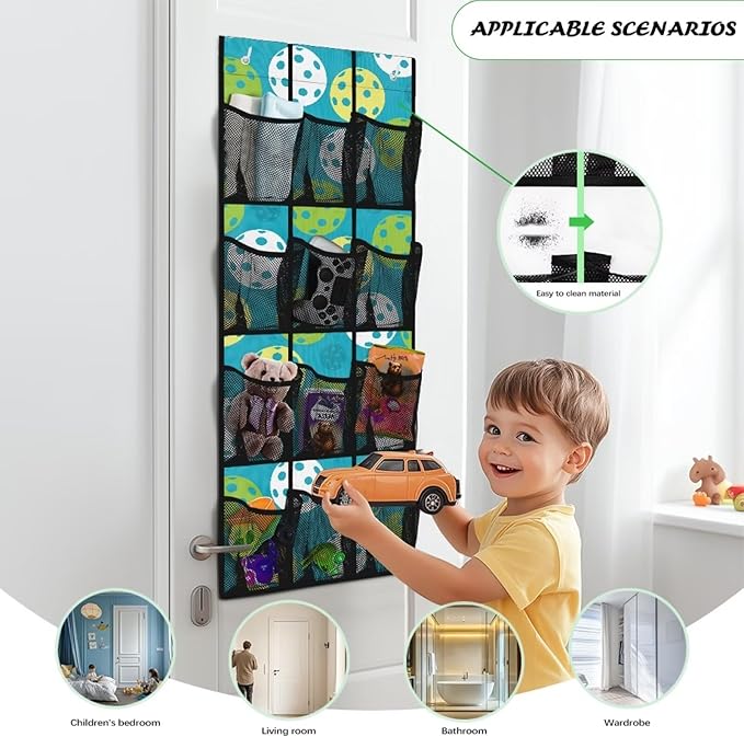 12-Pocket Storage Hanging Bag Behind the Door, Over the Door Organizer with Mesh Pockets for Shoes Essentials, Space Saving Door Organizer for Bedroom Dorm Closet, Pickleball Pattern