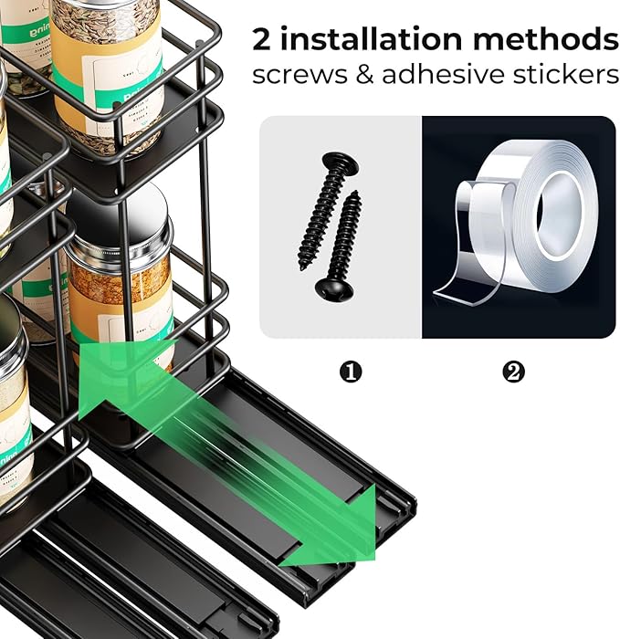 Mystozer Pull Out Spice Rack Organizer for Cabinet, Slide Out Spice Racks, Easy to Install Spice Cabinet Organizers, 5.2" Wx10.43 Dx8.26 H, 2 Packs 2 Tiers(Black)
