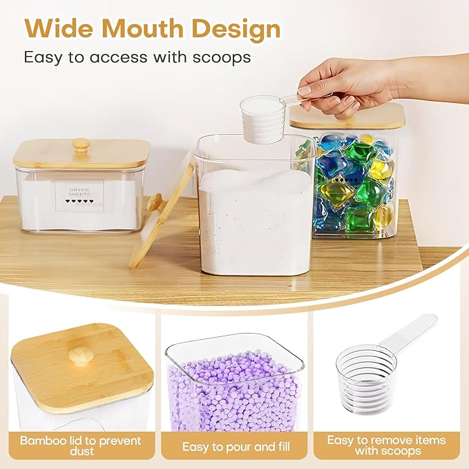 Homde Clear Laundry Detergent Dispenser: 3+2 Pack Reusable Pods Container with Lids for Dryer Balls - Plastic Sheets Holder Set for Scent Booster