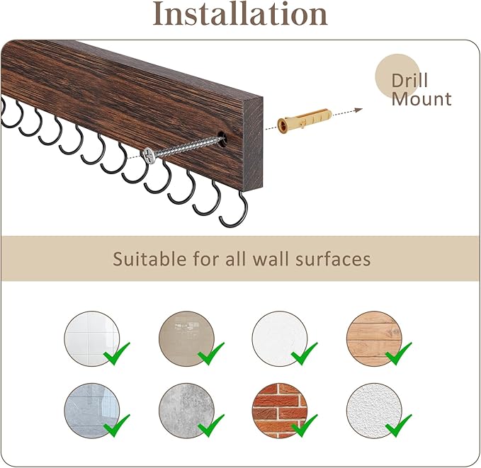 Lolalet Wooden Necklace Holder for Wall with 15 Hooks, Necklaces Hanger Easy Install Wall Mount Necklace Organizer, Jewelry Hangers for Chains, Bracelets, Earrings -2 Set, Brown
