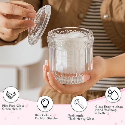 Hushee 4 Pcs Crystal Glass Candy Jar Set with Lids Home Decorative Storage Jars for Apothecary, Bathroom, Kitchen, and Pantry, Ideal for Cotton Swabs and Jewelry(Clear)