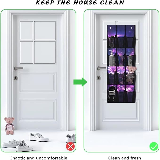 Hanging Storage Shoe Organizer for Closet 12 Mesh Pockets Over The Door Wall Closet Holder for Sundries Clothes Boots Toys,Purple Butterfly