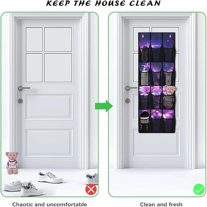 Hanging Storage Shoe Organizer for Closet 12 Mesh Pockets Over The Door Wall Closet Holder for Sundries Clothes Boots Toys,Purple Butterfly