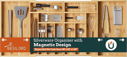 Silverware Organizer Large, Magnetic Connected Expandable 13 Slots Silverware Drawer Organizer From 21 to 37.4 Inches, Adjustable Flatware and Cutlery Holder, Bamboo Utensil Tray for Kitchen Natural