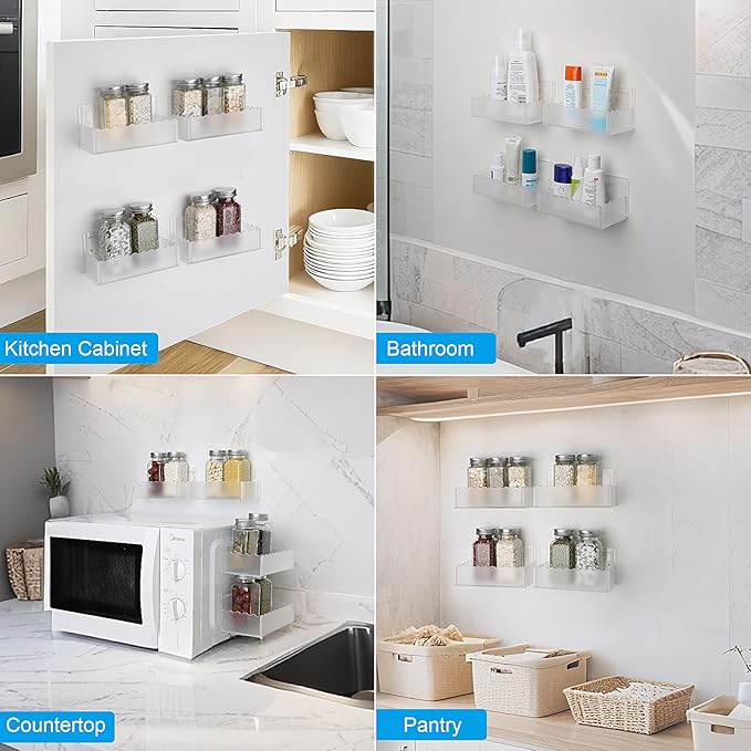 6 inch Spice Rack Wall Mounted,4 Pack Spice Organizer Shelf for Stove Cabinet Pantry Door, Adhesive or Screw Hanging Wall Spice Shelf Storage Holder in Kitchen and RV - Frost Color