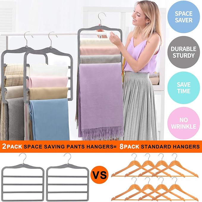 Closet Organizers and Storage, Magic Pants Hangers Space Saving, 4 Tiers Skirt Hangers, Jean Scarf Hangers, Closet Organizer Clothes Hangers, College Dorm Essentials Apartment Essentials-2 Pack