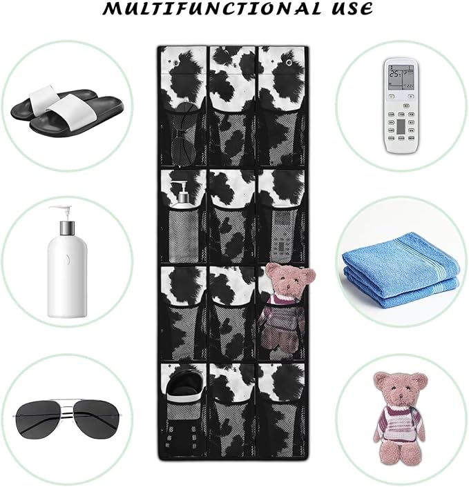 White and Black Cowhide Door Hanging Shoe Organizer 12 Pockets Behind Door Organizer for Bathroom Easy to Install Wall Hanging Storage for Office Large Capacity Multi-Funtion Storage Bag