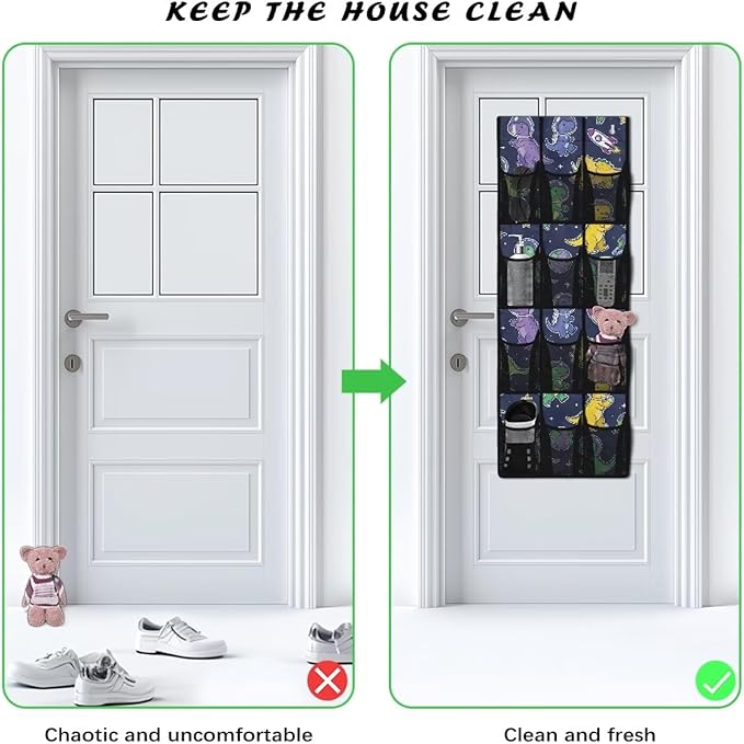 Astronaut Dinosaur Over The Door Organizer, 12 Large Mesh Pockets Hanging Shoe Rack for Closet, Space Theme Storage for Kids Room Toys & School Supplies