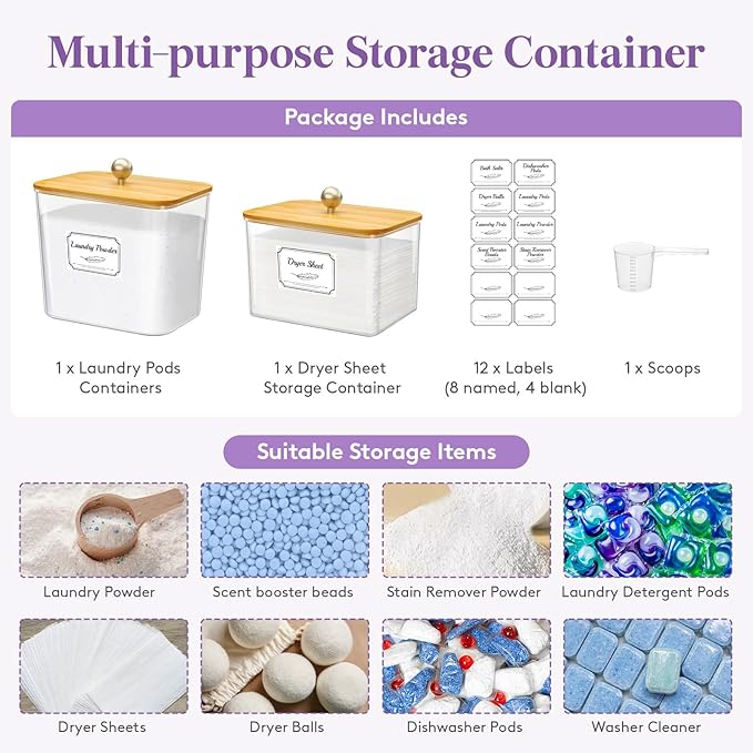 Lifewit Laundry Pods Container with Lid, Dryer Sheet Holder, Room Organization Storage for Coffee Pods Kcup Washing Powder, Scent Booster Beads, 2600 +2000ml/0.53+0.7gal，Natural,2 Pcs