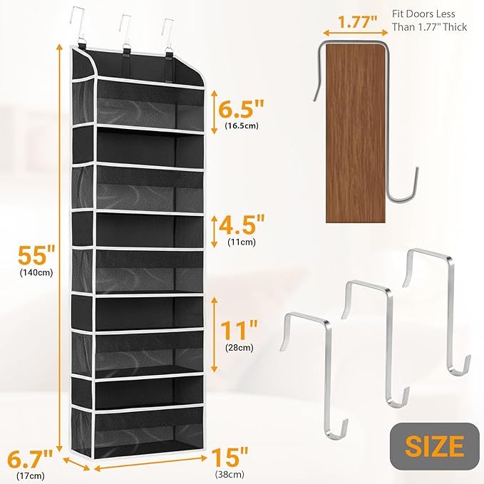 Over The Door Organizer-5 Layers Large Pockets, Heavy Duty Door Organizer Hanging Storage, 10 Mesh Side Pockets & Clear Window for Bedroom, Bathroom,Kitchen,Nursery, Pantry,Dorm Holds Shoes(Black)