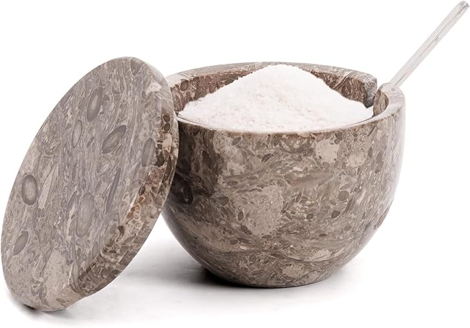 MARBLOUS KRAFTS Marble Salt Cellar with Lid and Spoon 3 x 4 Oceanic Salt Bowl, Spice Jar for Kitchen Countertop Organizer, Sugar Candy and Seasoning Container, Perfect Mother’s Day Gift for Mom