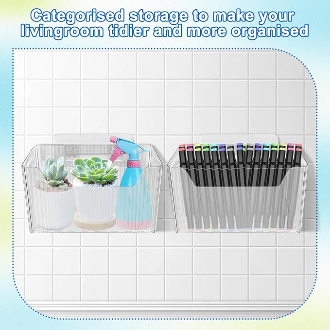 6Pcs Storage Organizer Bins Wall Mounted Organizer Basket Large Size Clear Plastic Makeup Organizer Adhesive Hanging Bin for Bathroom Kitchen Pantry