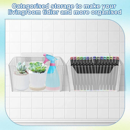6Pcs Storage Organizer Bins Wall Mounted Organizer Basket Large Size Clear Plastic Makeup Organizer Adhesive Hanging Bin for Bathroom Kitchen Pantry