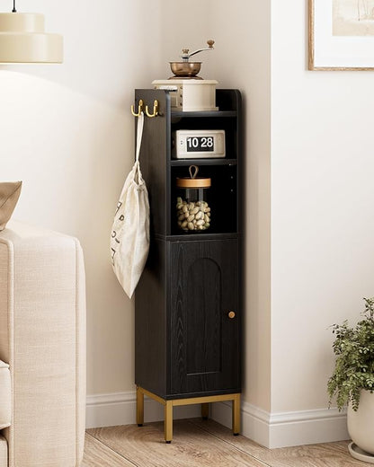 Bathroom Storage Cabinet, Small Corner Floor Hutch with 2Hooks,Narrow Toilet Paper Cabinet with Adjustable Shelf,Morden Bathroom Organizer for Small Spaces,Black