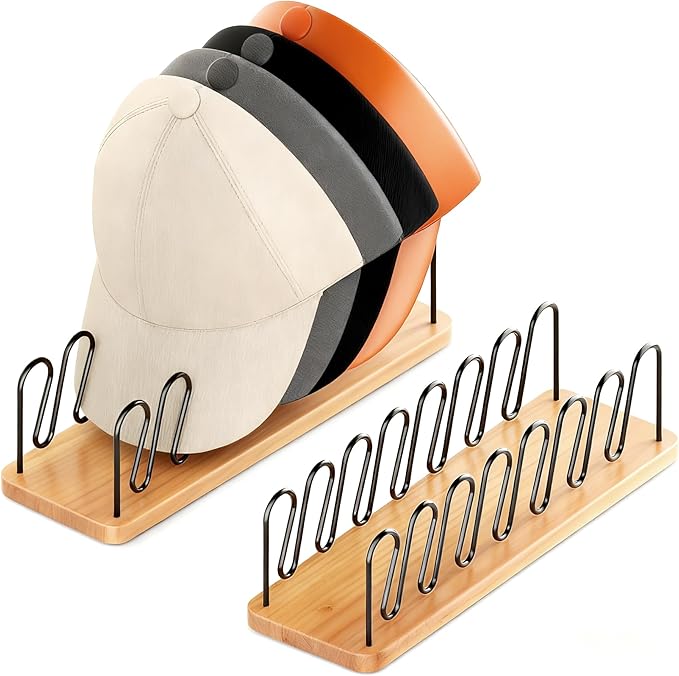 UdoUto Hat Organizer for Baseball Caps-2 PacK | Wood & Metal Hat Rack Holds 14 for Baseball Caps | Space-Saving Closet Shelf Organizer for Bedroom, Dresser, Entryway