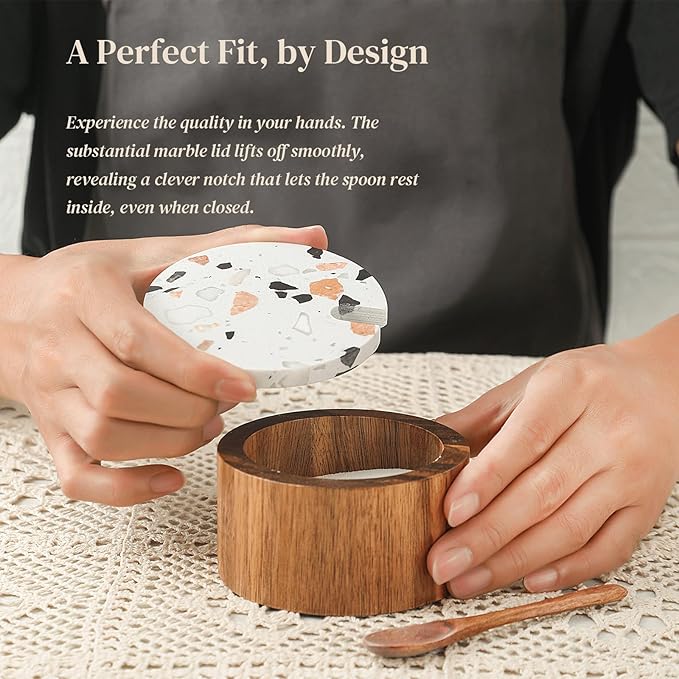 Wooden Salt Cellar with Marble Lid,Salt Container Box Bowl for Countertop,Elegant Salt Holder Jar Dish with Spoon,Kitchen Seasoning Containers for Salt Pepper Sugar Spice Storage,6OZ