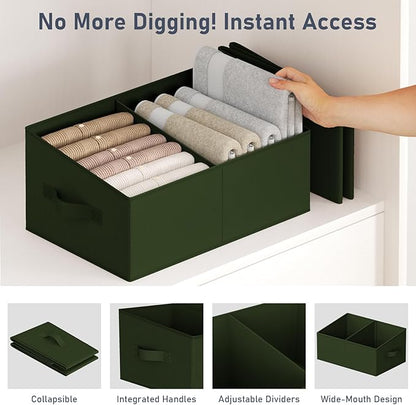 DIMJ Large Closet Shelf Organizer Bins 6 Packs with Handles and Divider, Fabric Trapezoid Storage Baskets, Foldable Clothes Containers Box for Shelf, Towel, Book, Toy, Purse, Hats, Green