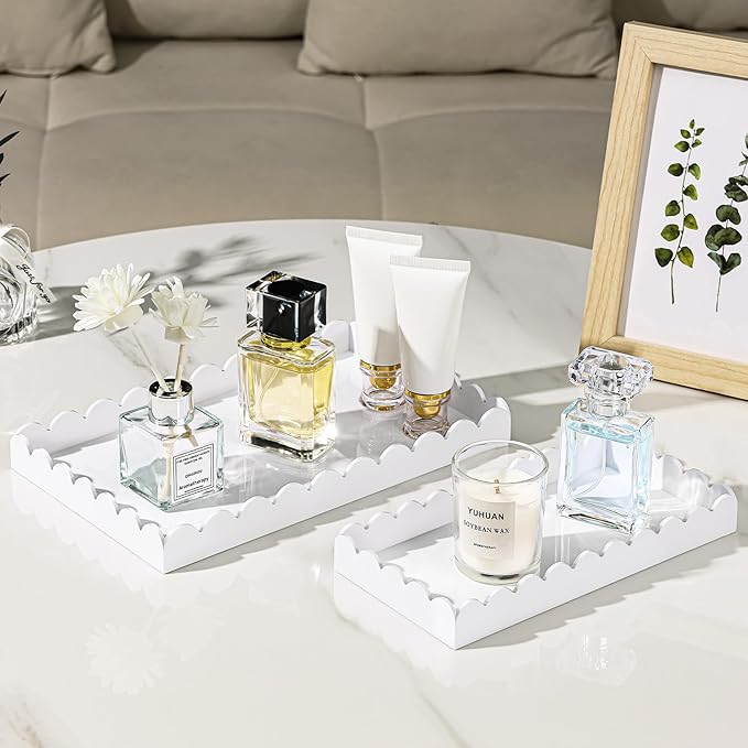 2 Pack Acrylic Bathroom Vanity Tray 7.9" and 9.6", Soap Dispenser Decorative Scalloped Tray for Bathroom Kitchen Living Room Decor Vanity Perfume, White
