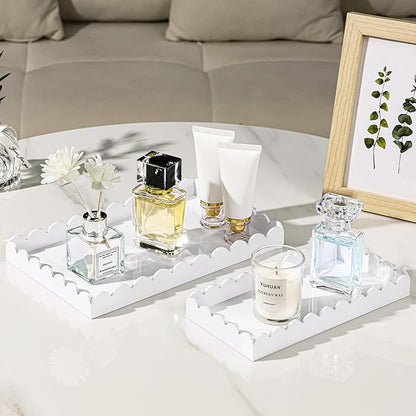 2 Pack Acrylic Bathroom Vanity Tray 7.9" and 9.6", Soap Dispenser Decorative Scalloped Tray for Bathroom Kitchen Living Room Decor Vanity Perfume, White