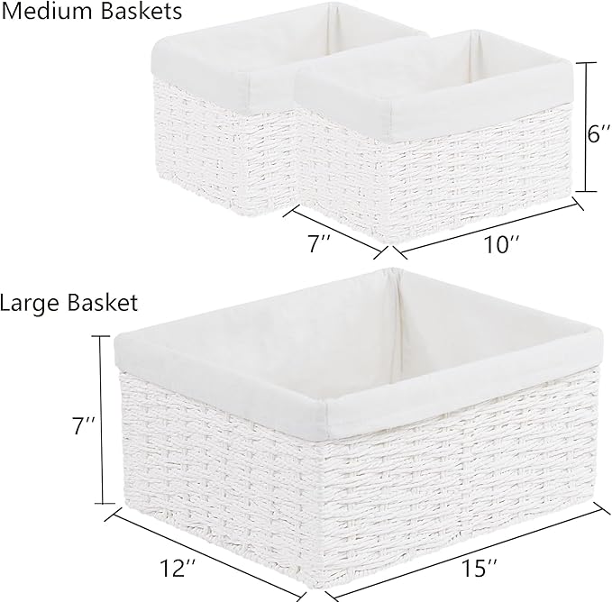 Vagusicc Wicker Basket, Set of 3 Hand-woven Storage Baskets for Organizing, Decorative Rectangle Wicker Storage Basket Bins with Handles, Small Toilet Paper Storage Baskets for Shelves & Decor, White