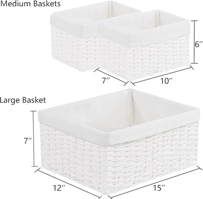 Vagusicc Wicker Basket, Set of 3 Hand-woven Storage Baskets for Organizing, Decorative Rectangle Wicker Storage Basket Bins with Handles, Small Toilet Paper Storage Baskets for Shelves & Decor, White