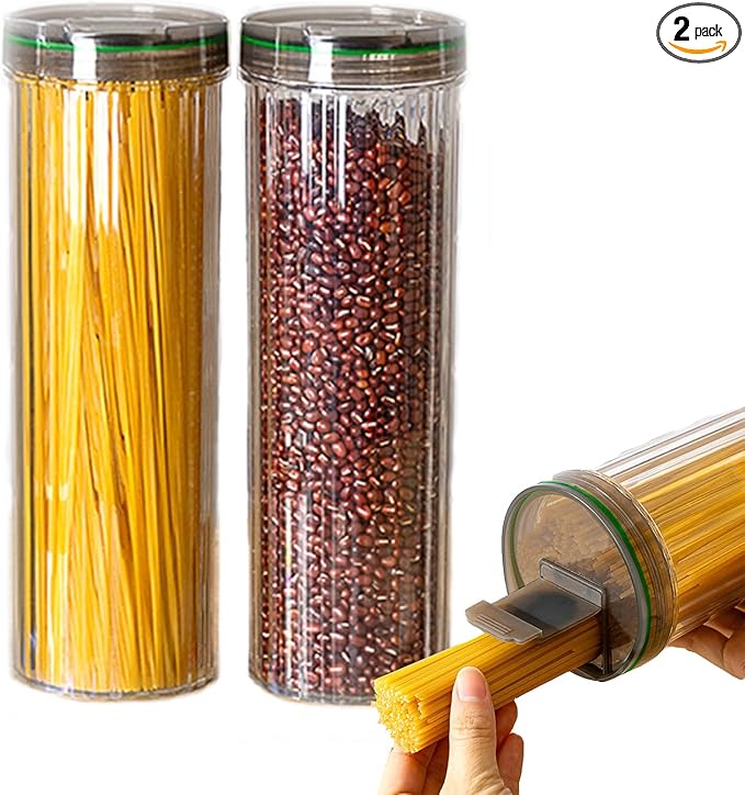 Clear Plastic Pasta Storage Container with Lid, Airtight Spaghetti Food Storage Box Noodle Canister Suit for Flour, Sugar, Black, Pasta, Noodle, Cereal(2Pcs)