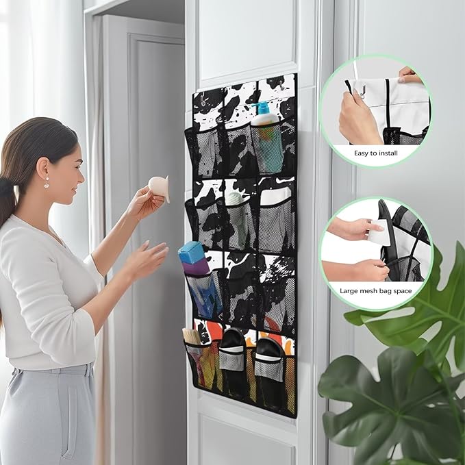 Over the Door Organizer with 12 Mesh Pockets, Storage Hanging Bag Behind the Door for Shoes Toys Cleaning Supplies, Perfect for Bedroom Bathroom or College Dorm, Cowhide and Flame