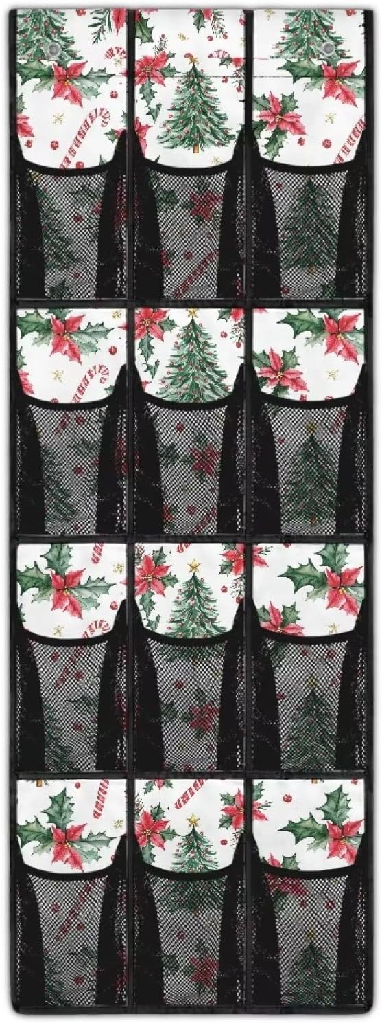 Christmas Tree Shoe Organizer for Door Hanging Space Saving Xmas Kids Room Organizer with 12 Pockets,Easy to Install Over The Door Storage -4 Metal Hook