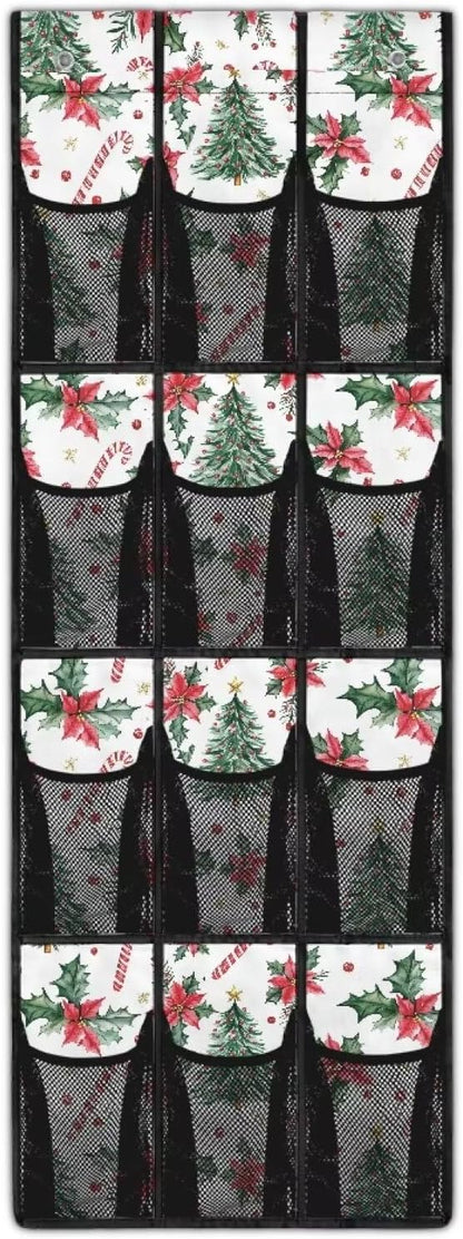 Christmas Tree Shoe Organizer for Door Hanging Space Saving Xmas Kids Room Organizer with 12 Pockets,Easy to Install Over The Door Storage -4 Metal Hook