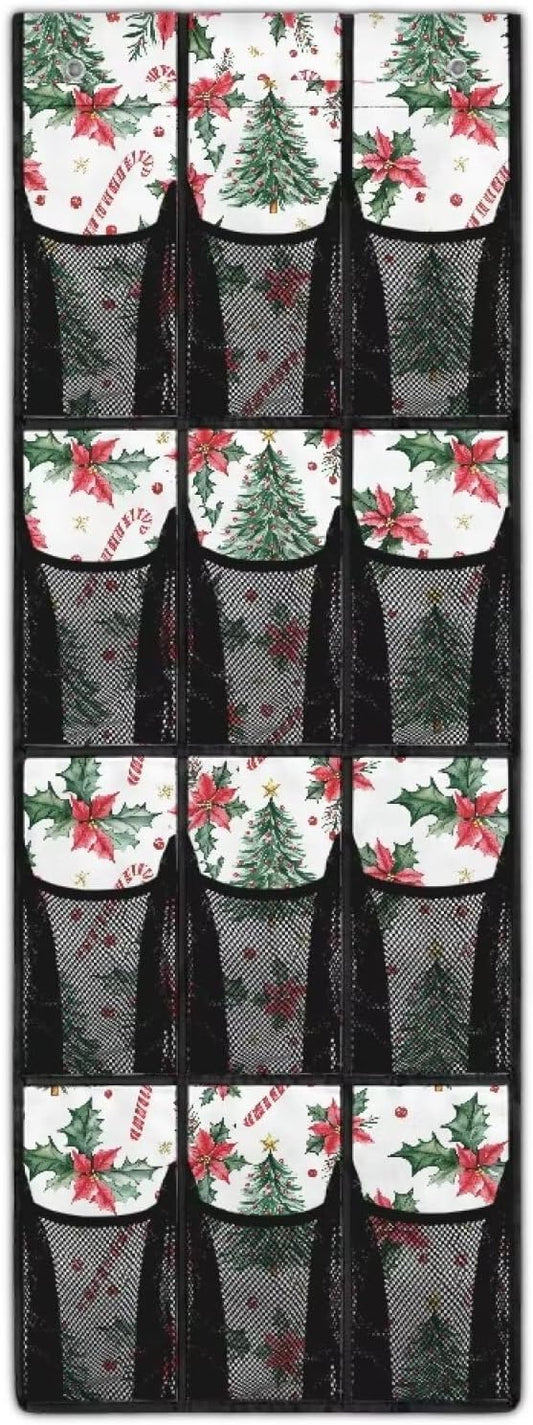 Christmas Tree Shoe Organizer for Door Hanging Space Saving Xmas Kids Room Organizer with 12 Pockets,Easy to Install Over The Door Storage -4 Metal Hook