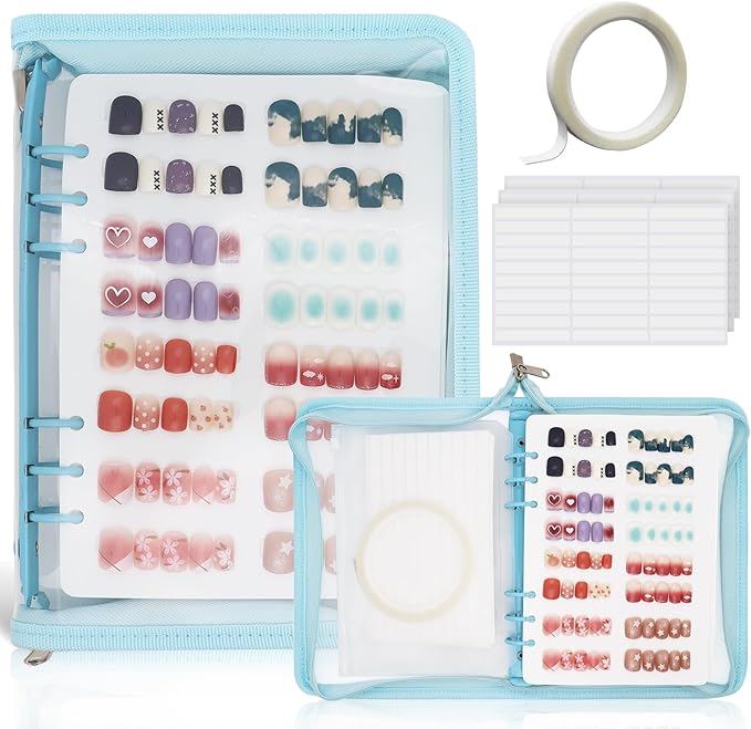 KEIFIN Press On Nail Storage Organizer Binder with 8 Insert Pages - A5 Size Reusable Fake Nail Swatch Collecting Book Polish Color Display Holder Container with Tape and Zipper Pocket (BLUE)