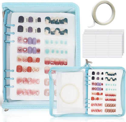 KEIFIN Press On Nail Storage Organizer Binder with 8 Insert Pages - A5 Size Reusable Fake Nail Swatch Collecting Book Polish Color Display Holder Container with Tape and Zipper Pocket (BLUE)