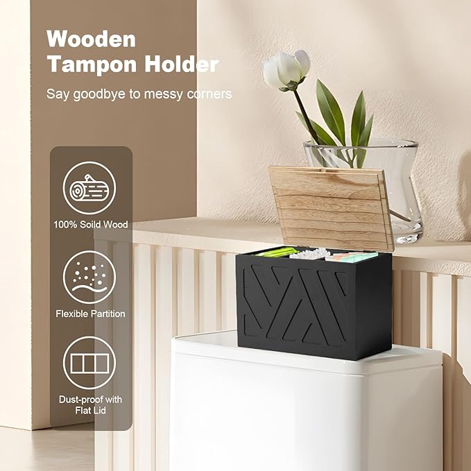 Tampon Holder for Bathroom, Feminine Product Organizer, Pad Organize Case with Lid, Shark Week Wooden Tampon Storage Decor, Lady Girl Stuff Box for Toilet Bathroom Accessories- Black