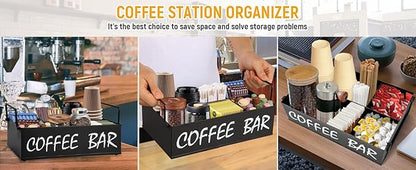 Coffee Station Organizer with Handles, Metal Coffee Bar Accessories Organizer for Countertop, Pod Holder Basket for Sugar Tea - Black Table Decor