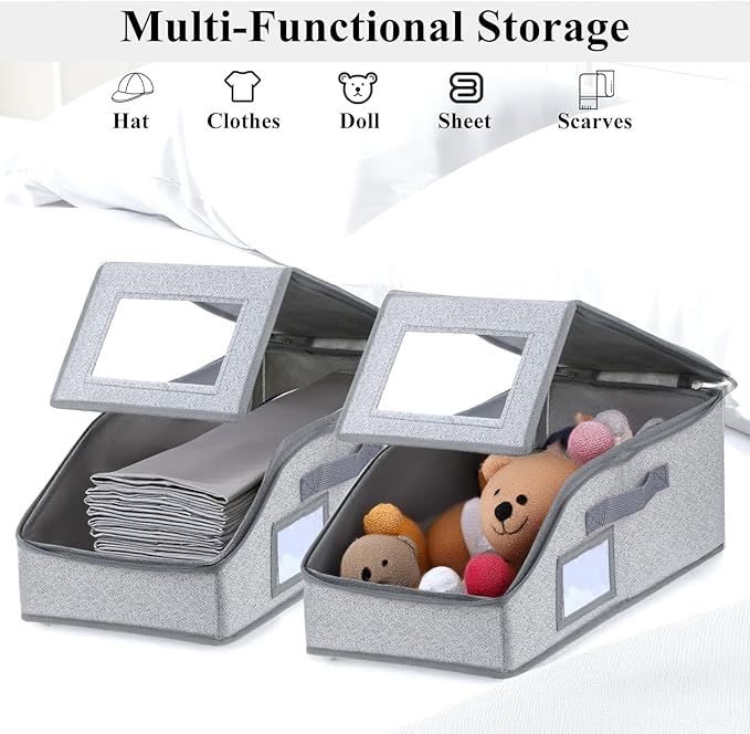 3 Pack Stackable Hat Organizer for Baseball Caps – Holds Up to 36 Caps, Foldable & Portable with Handles, Dust-Proof Fabric Storage Box with Clear Window, Space-Saving Grey Closet Organizer