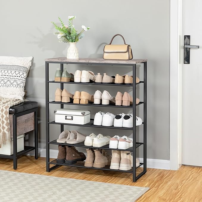 HOOBRO Shoe Rack, 6-Tier Shoe Organizer, for 18-24 Pairs of Shoes, Large Capacity Shoe Storage Shelf, for Entryway, Closet, Hallway, Dorm Room, Industrial, Greige and Black BG67XJ01G1