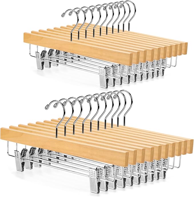 Nature Smile Wooden Pants Hangers Skirt Hanger Solid Lotus Wood Jeans Bottom Hanger with Clips Natural Color(20 Pack)