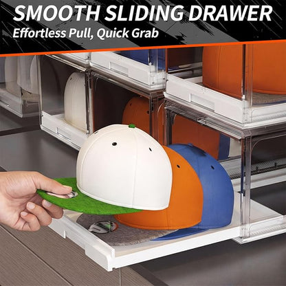 2 Pack Hat Organizer for Baseball Caps, Clear Hats Holder Box with Drawer for Closet, Large Cap Storage with Sliding Tray, Stackable Rack Display Case with Magnetic Door, Each Holds 12 Hats