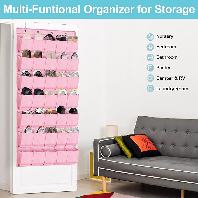 homyfort 35 Pockets Over the Door Shoe Organizer, Hanging Door Shoe Rack for Closet, Large Shoe Storage Holder Zapateras Organizer for Shoes (Pink)