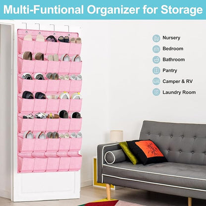 homyfort 35 Pockets Over the Door Shoe Organizer, Hanging Door Shoe Rack for Closet, Large Shoe Storage Holder Zapateras Organizer for Shoes (Pink)