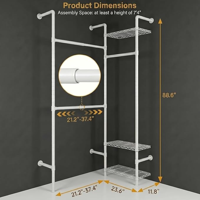 F2 Wall Mounted Closet System, Industrial Pipe Clothing Rack for Hanging Clothes, Heavy Duty Closet Organizer System, Clothes Racks with Shelves & Expandable Rod for Wardrobe, Corner, White