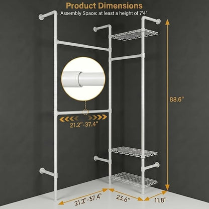F2 Wall Mounted Closet System, Industrial Pipe Clothing Rack for Hanging Clothes, Heavy Duty Closet Organizer System, Clothes Racks with Shelves & Expandable Rod for Wardrobe, Corner, White