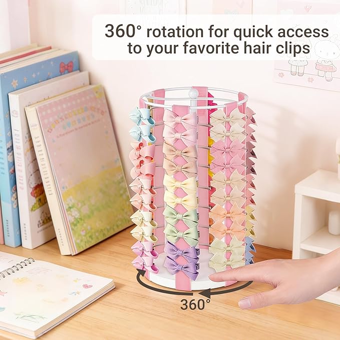 Dahey Bow Holder for Girls Hair Bows, Modern Hair Bow Organizer 360° Rotation Hair Accessories Organizer Storage Stand Display for Girls, Pink