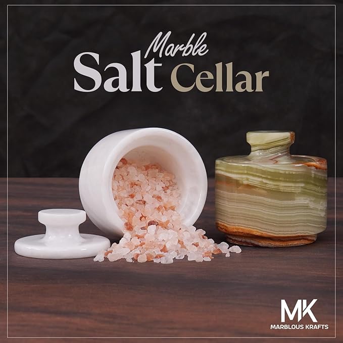MARBLOUS KRAFTS Marble Salt Cellar with Lid 3" White and Green Onyx Salt & Pepper Bowls,Home Storage, Salt Container for Kitchen Countertop, Table Décor, Mother’s Day Gift, Kitchen, Seasoning Storage