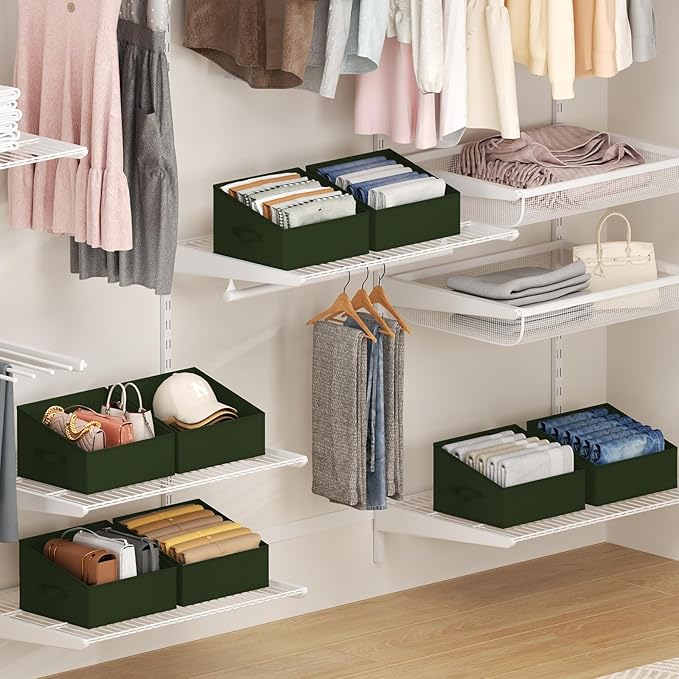 DIMJ Closet Storage Bins 6 Pack - Fabric Trapezoid Closet Organizer Bin, Foldable Storage Baskets for Shelves, Closet Shelf Organizer, Clothing Storage Box for Toys, Books, Towel, Clothes, Green